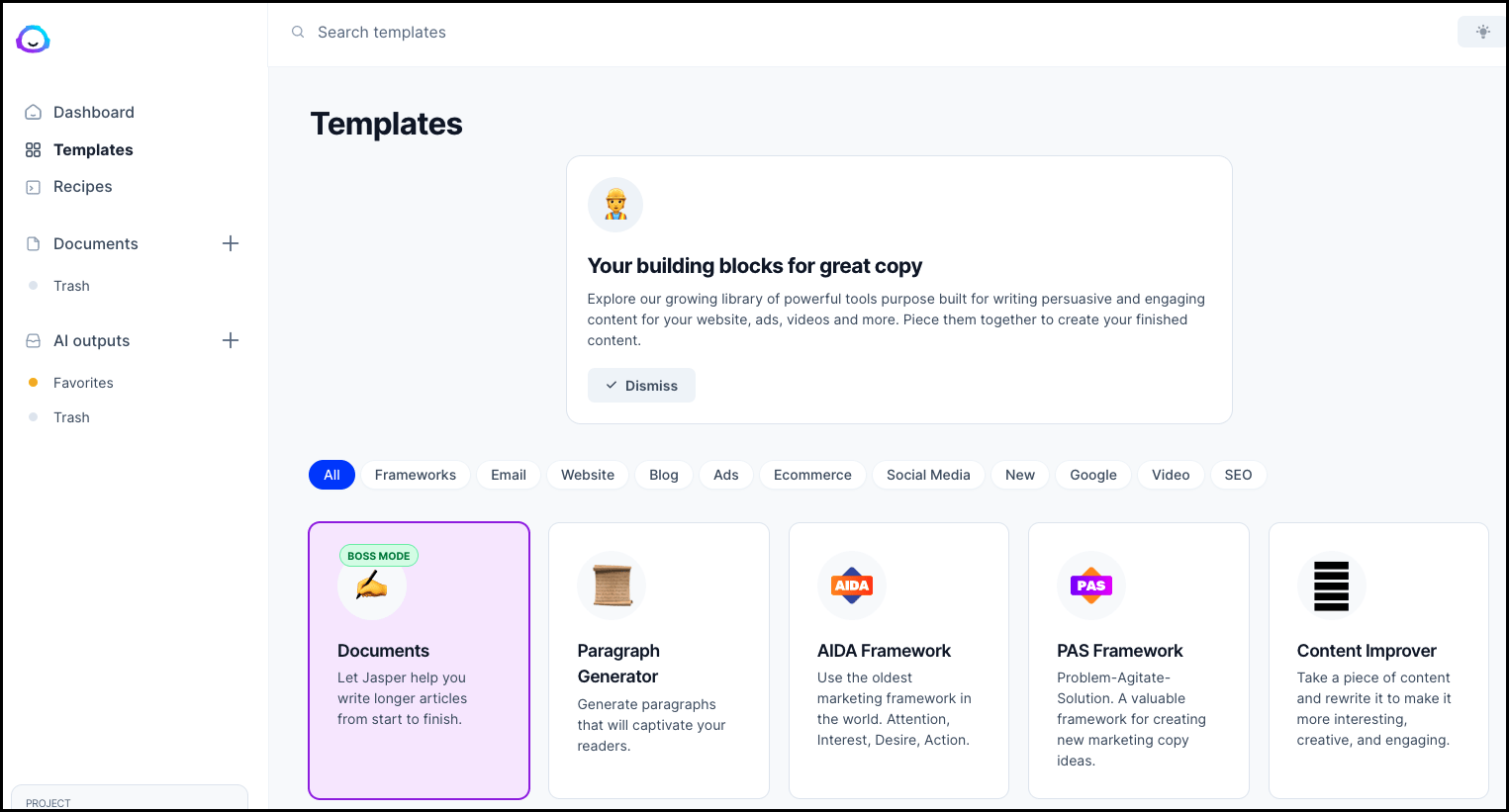 Jasper AI copywriting platform dashboard showing Brand Voice and Knowledge Base content generation features
