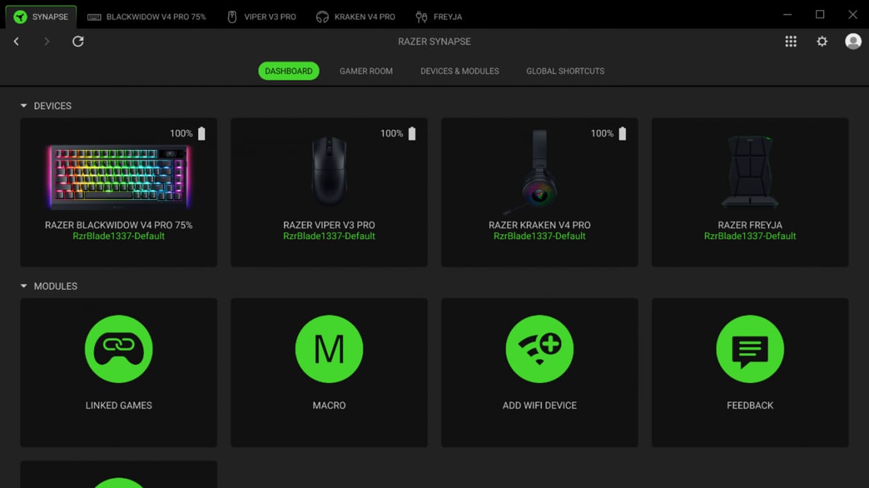 Razer Synapse 4 software interface showing device configuration dashboard for RGB Chroma settings