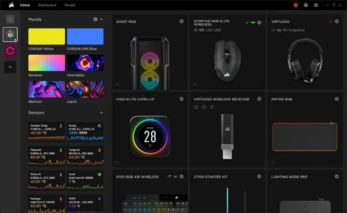 Corsair iCUE software interface displaying RGB lighting control panel for gaming peripherals and components
