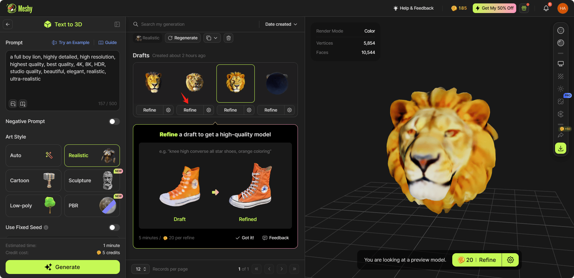 Text-to-3D AI model generator interface showing prompt input and generated 3D mesh output workflow