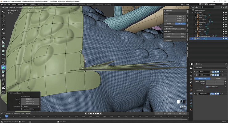 Blender retopology workflow showing clean quad-based mesh topology over an organic 3D model
