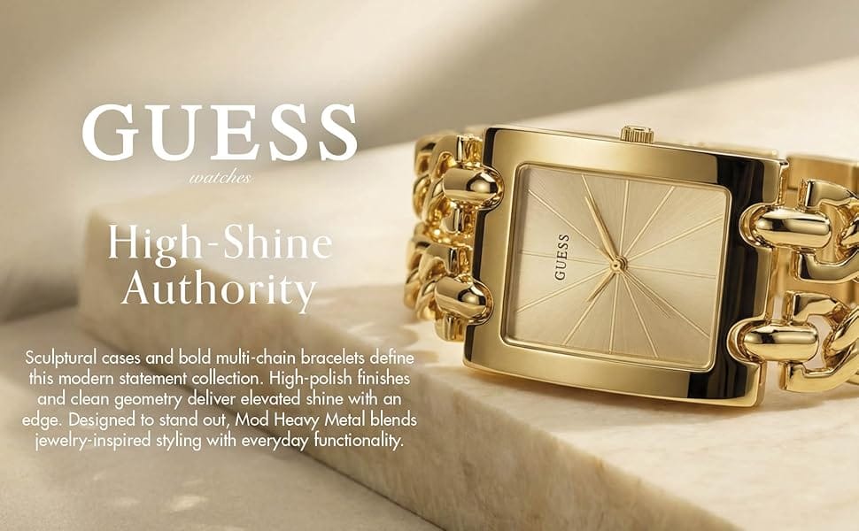 GUESS gold-tone bracelet watch displaying the brand's signature crystal-encrusted fashion timepiece styling