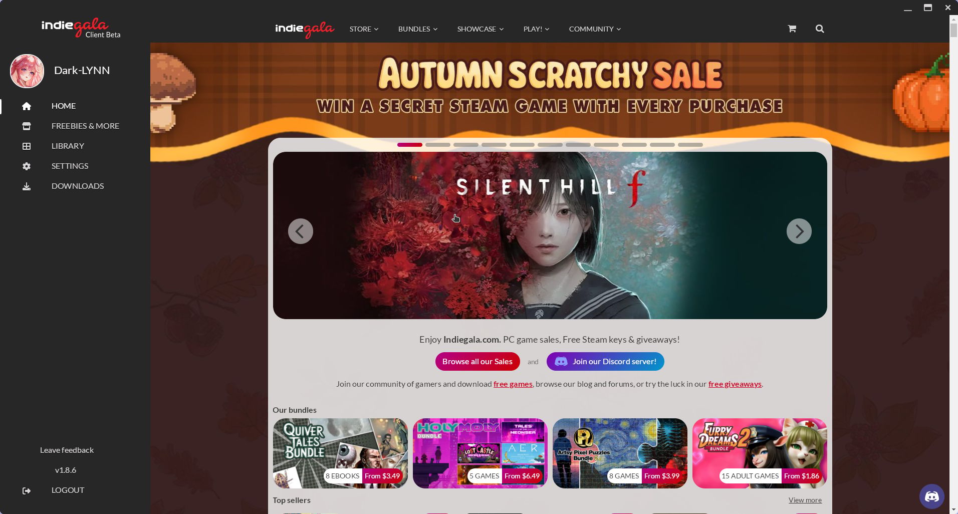 Indiegala digital game store client interface showing PC game bundles and freebies catalog