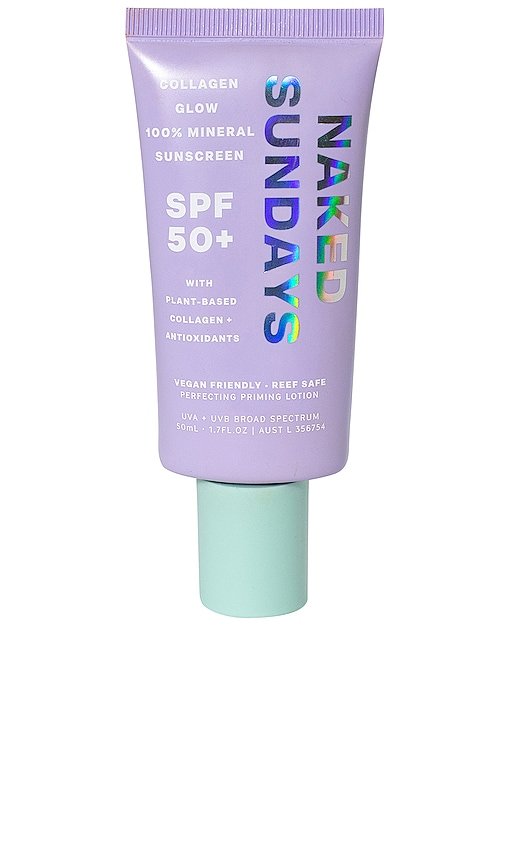 Naked Sundays 100% Mineral Collagen Glow Perfecting Priming Lotion SPF50+ skincare bottle product photography