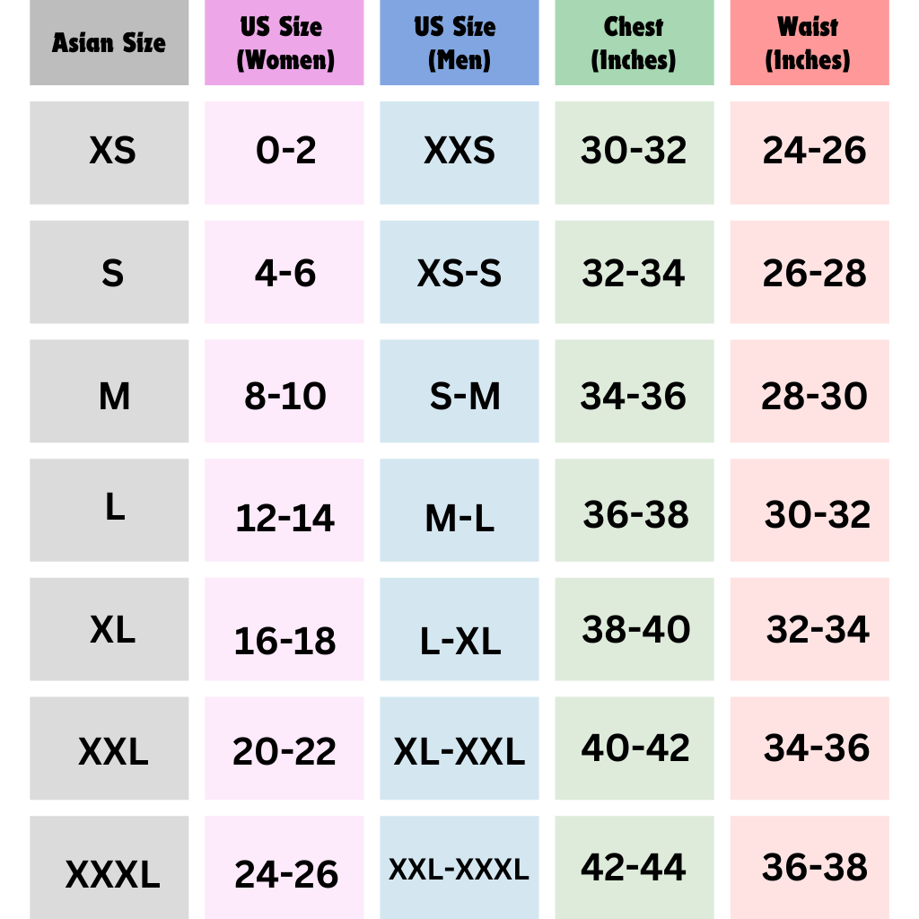 Asian to US clothing size converter chart showing measurement conversion for international shoppers