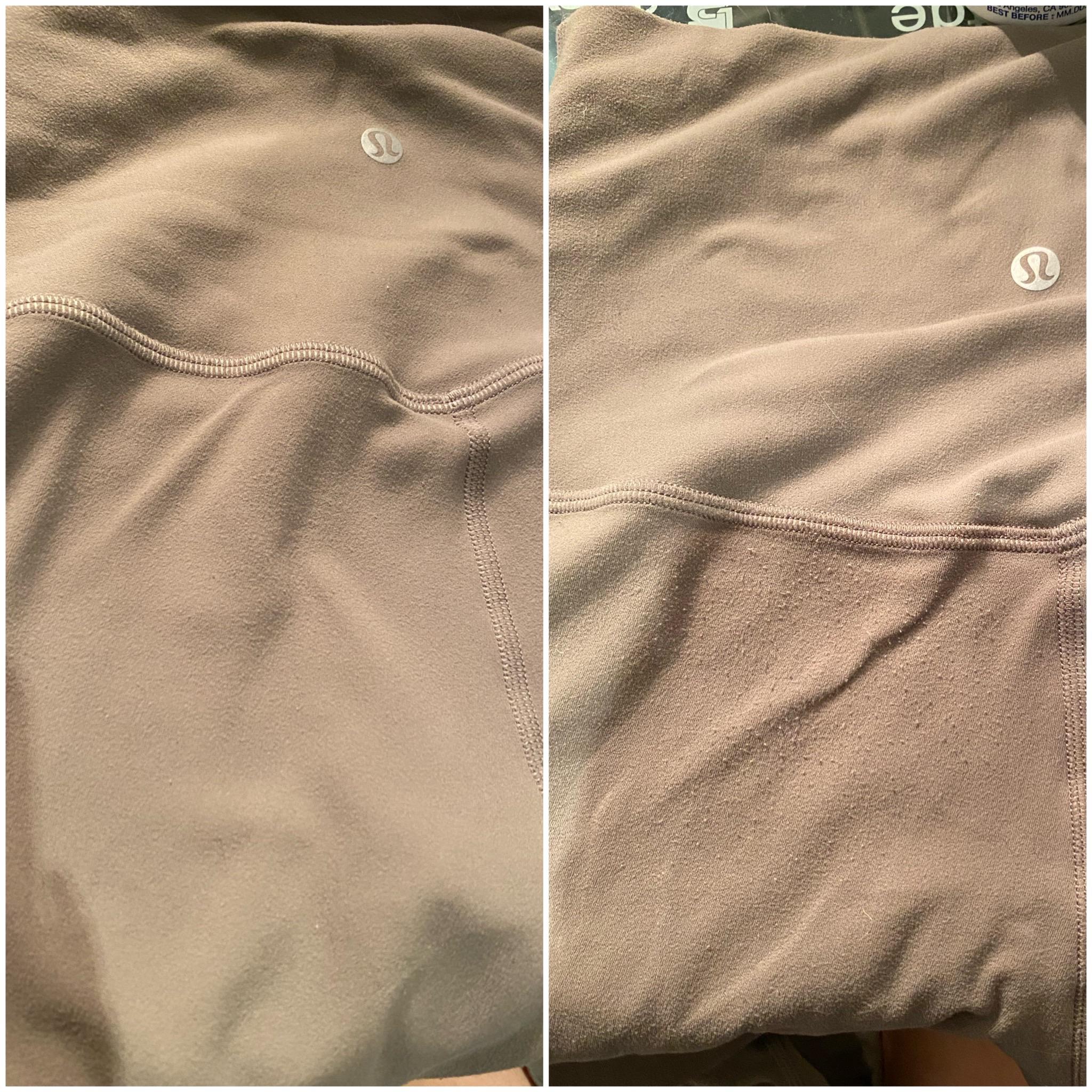 Close-up of fabric pilling on activewear leggings showing surface degradation after washing