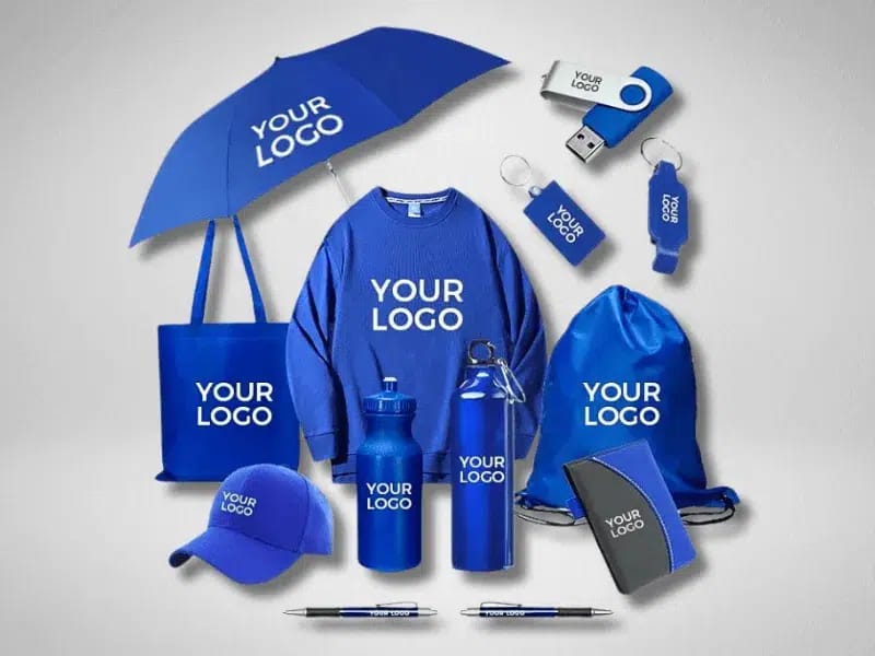Assortment of custom branded promotional merchandise including drinkware mugs apparel and tech items