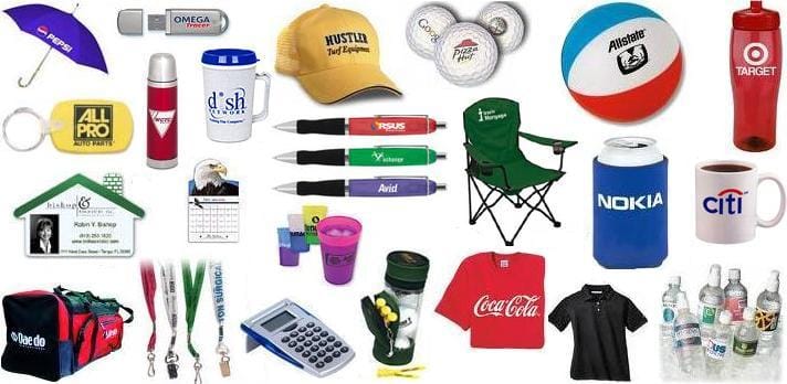 Branded merchandise and trade show giveaways promotional products lineup including pens, bags and apparel