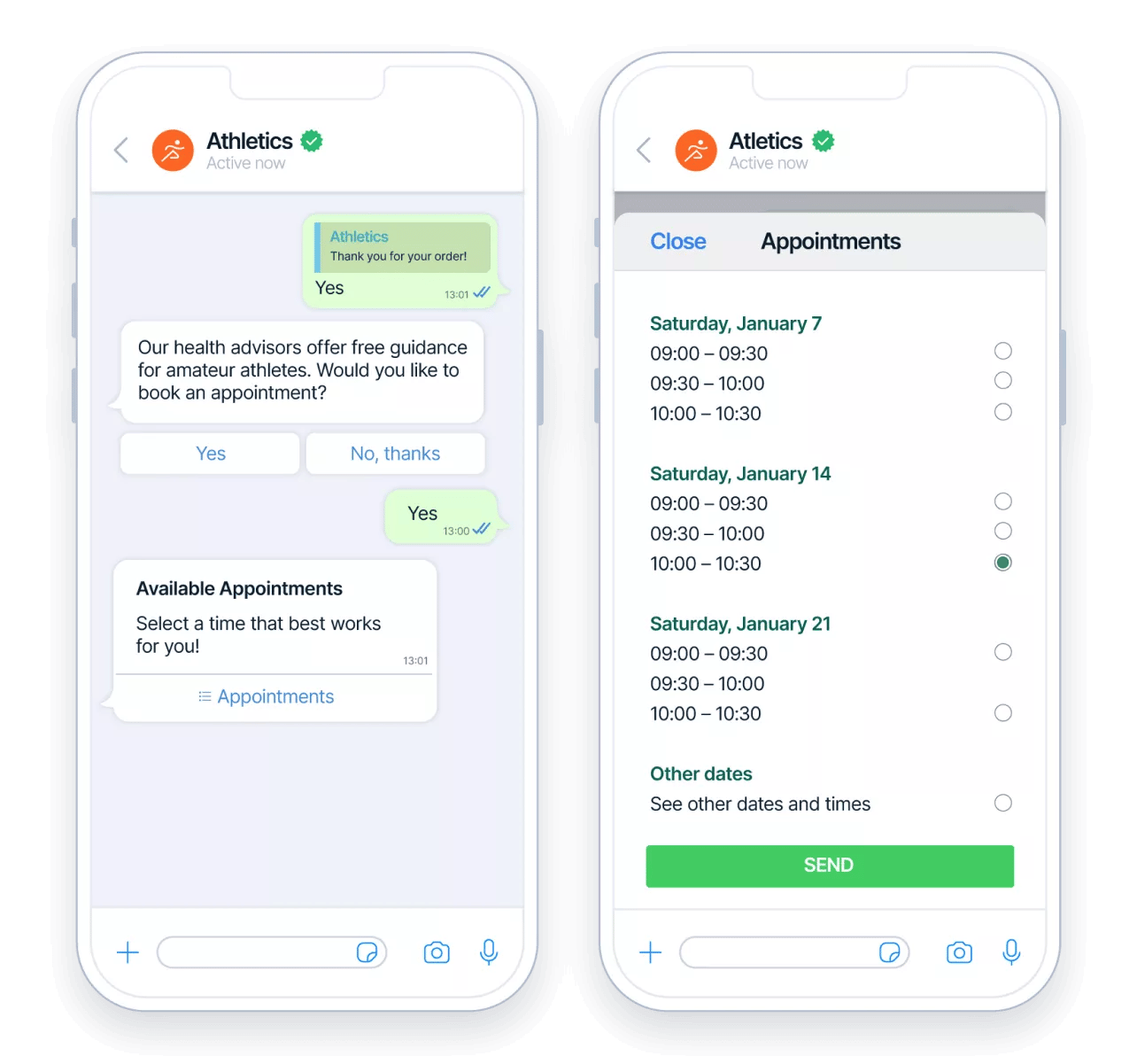 WhatsApp business booking interface showing chat-based reservation flow on mobile device