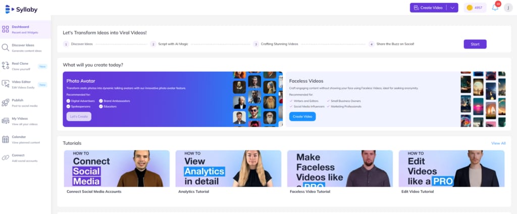 Syllaby AI content creation platform dashboard showing video script and content calendar features