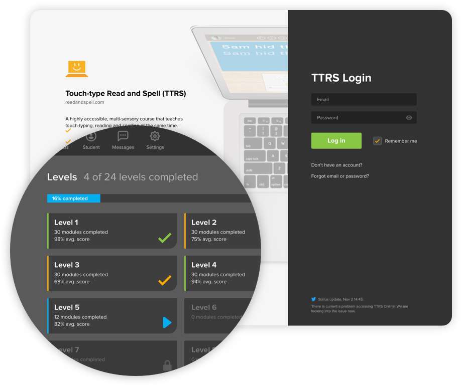Touch-Type Read and Spell TTRS official platform interface for dyslexia learners