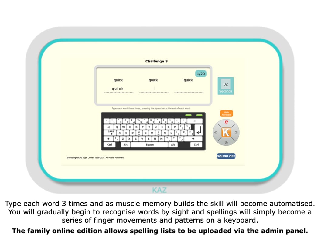 KAZ Type touch typing tutor software interface designed for adults and neurodiverse learners