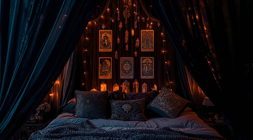 Mystical witch bedroom decor showing dark bohemian altar with crystals and candles