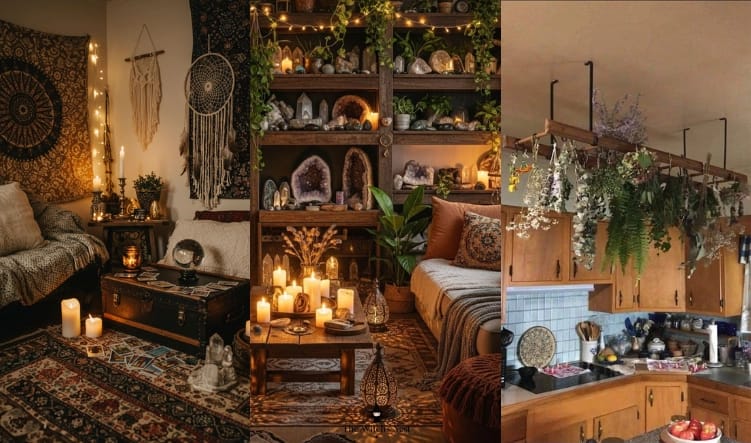 Boho witchy home decor with crystals candles and mystical aesthetic styling on shelf