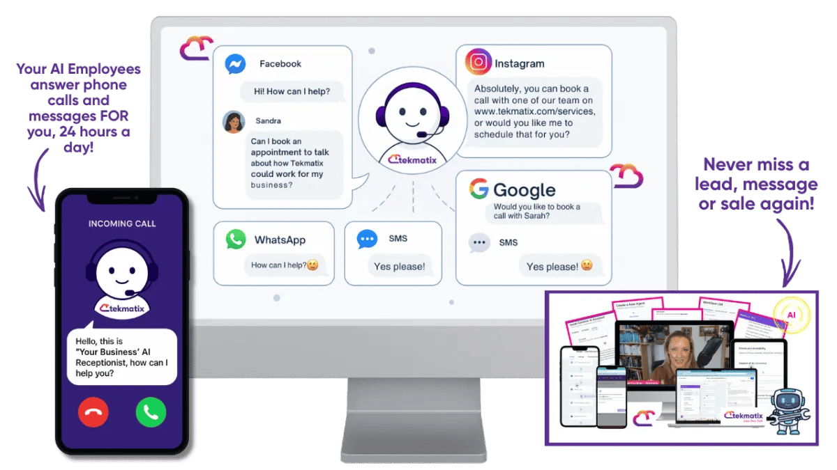 Tekmatix all-in-one business CRM and AI marketing platform homepage screenshot showing dashboard features