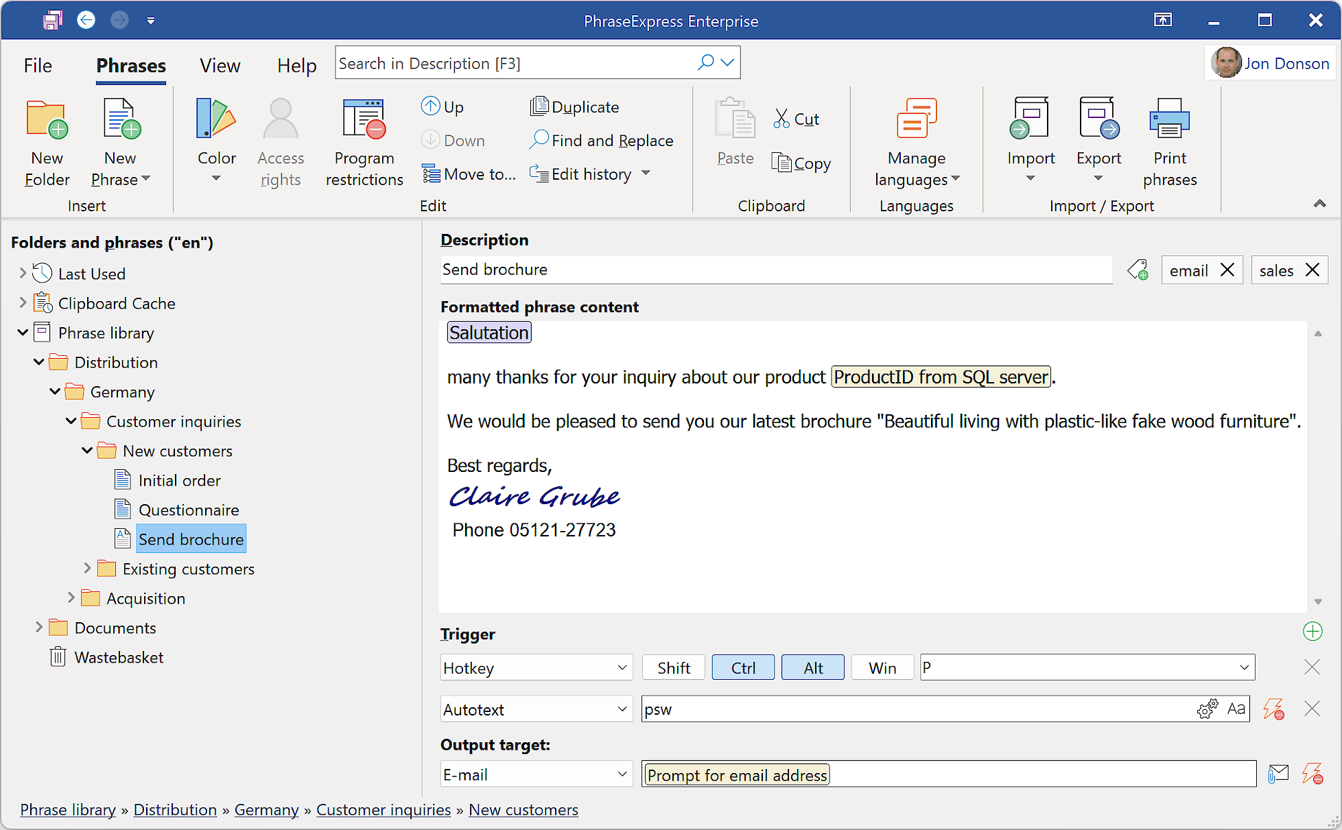 PhraseExpress autotext and macro software interface showing local snippet library on Windows desktop