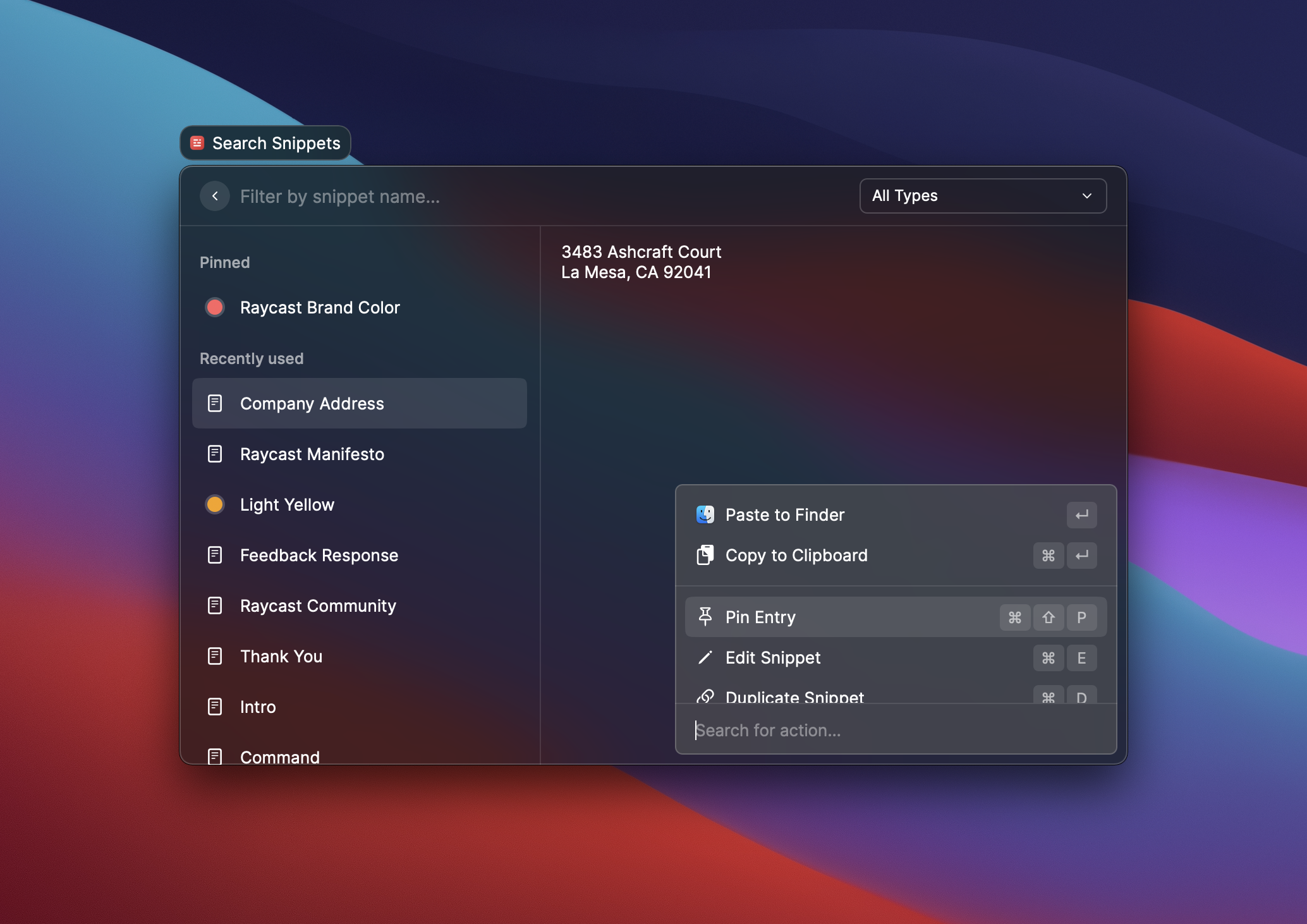 Raycast snippet management interface on macOS showing free text expansion built into launcher
