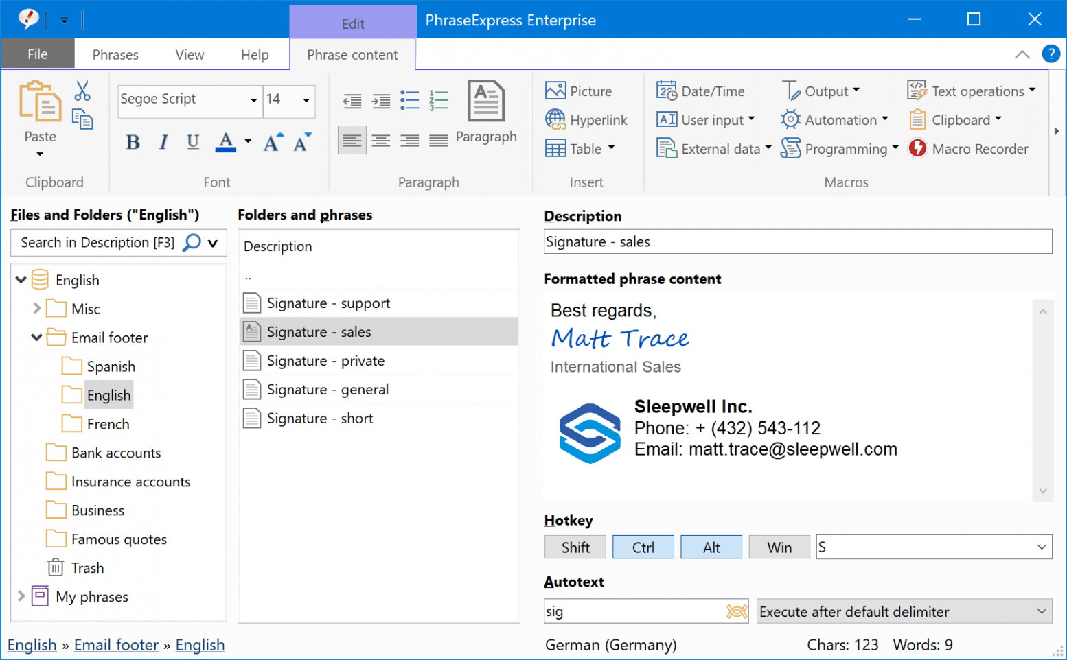PhraseExpress text expander interface for Mac Windows iOS featuring advanced macro automation