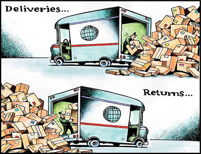Online furniture returns problem illustration showing packages and refund process challenges
