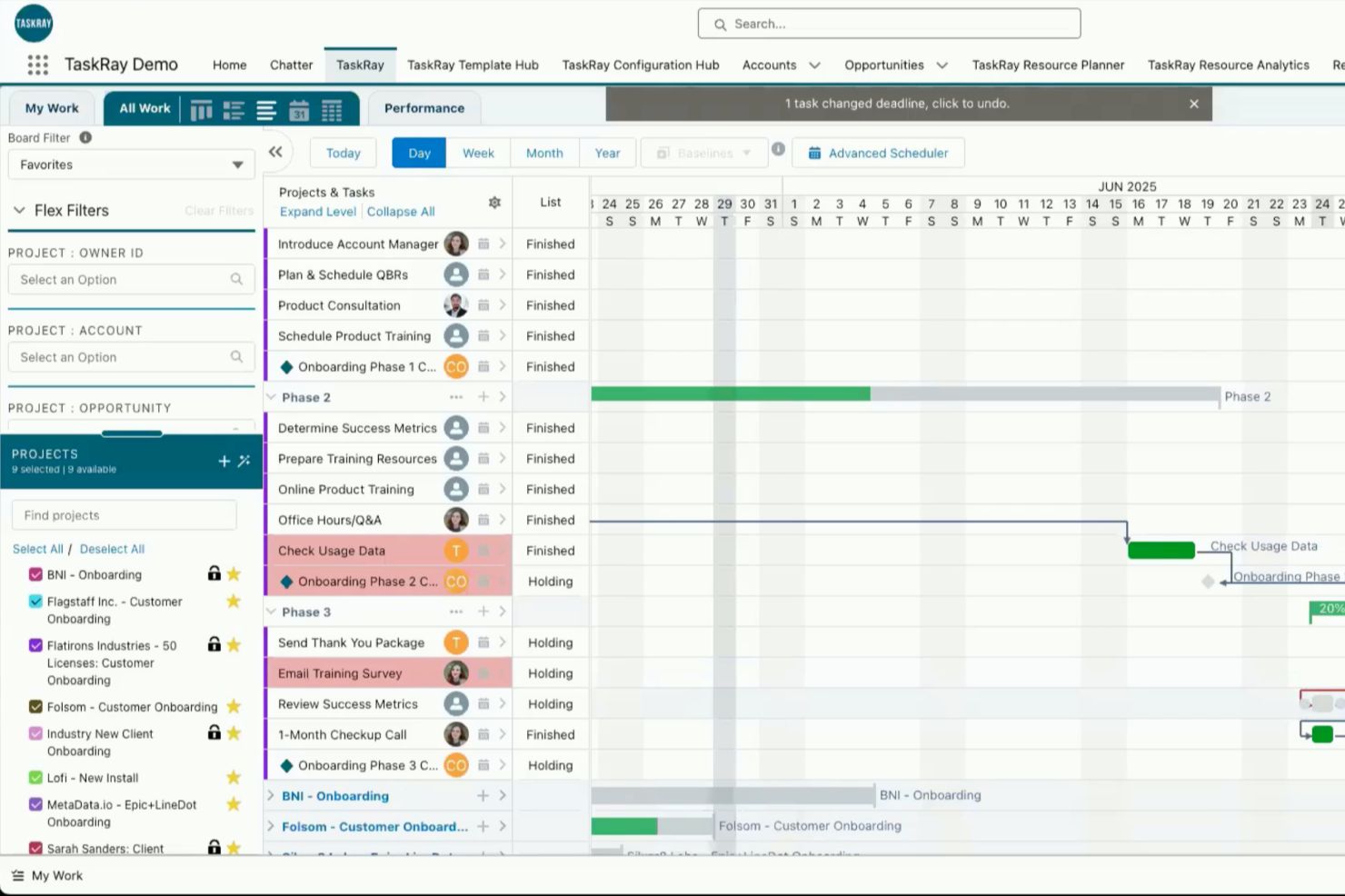 Timelines Review project management software interface displaying visual project timeline with milestones and tasks
