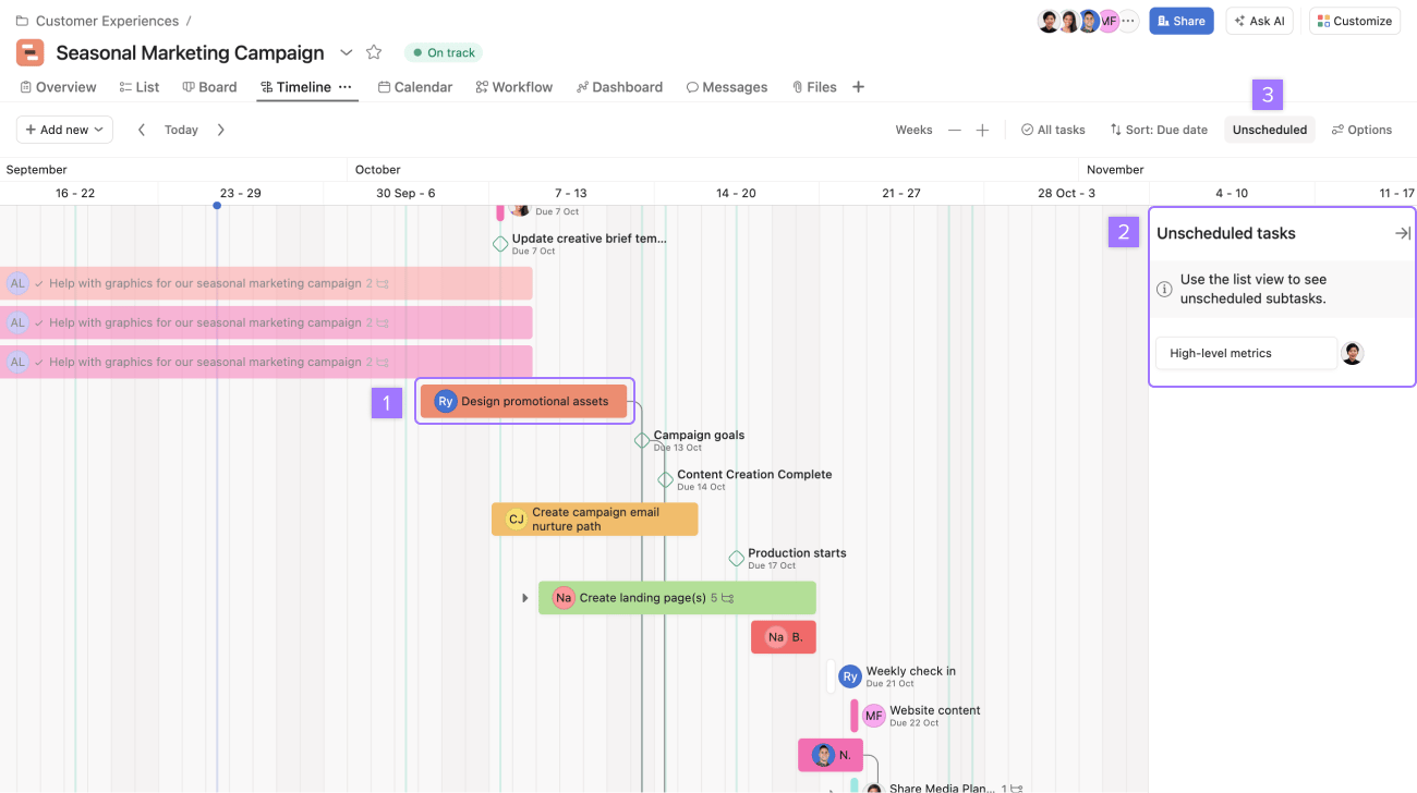 Asana timeline view dashboard showing project tasks with dependencies and milestones across calendar