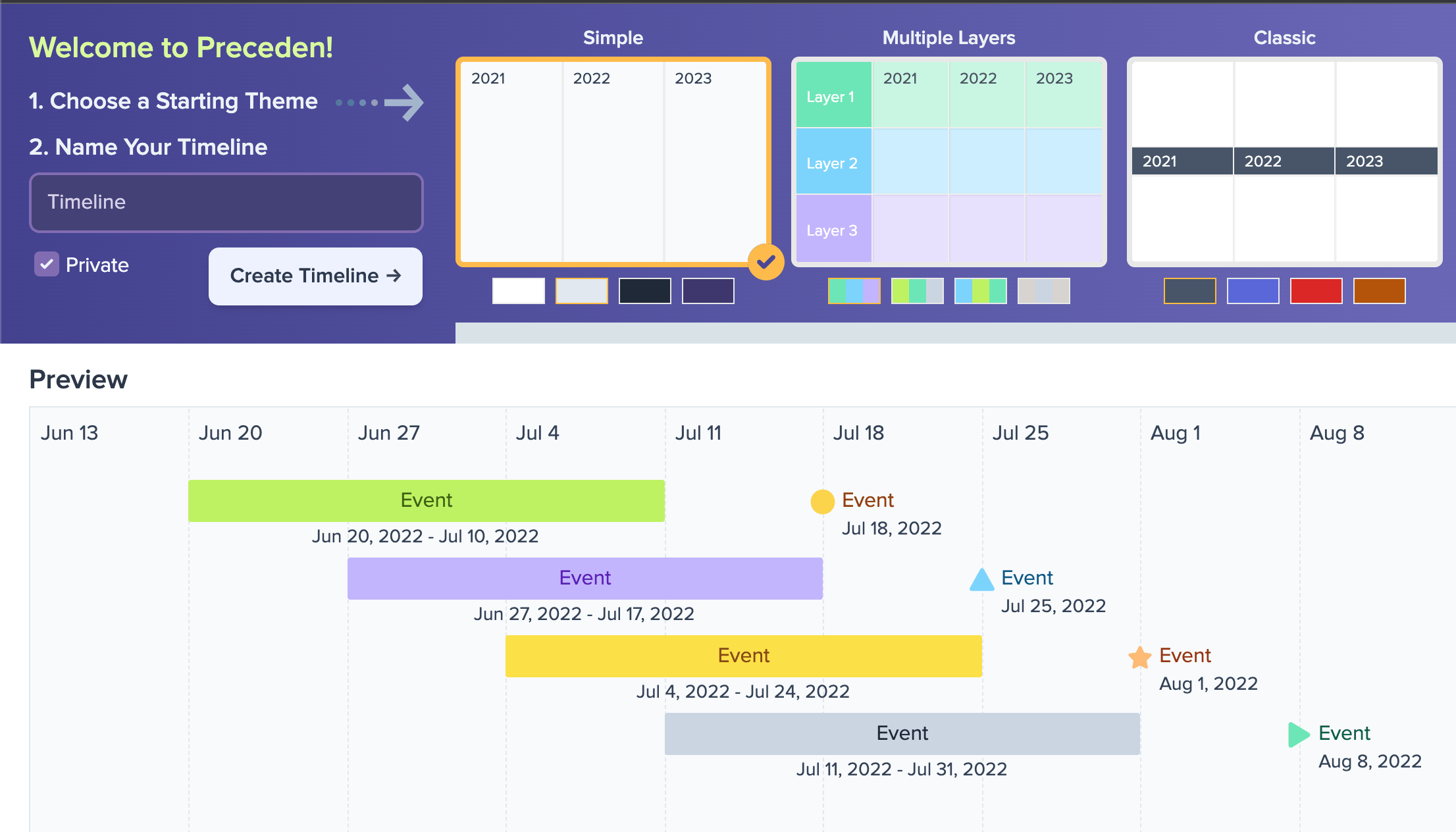 Preceden timeline maker interface showing project timeline creation with colored event bars and date markers