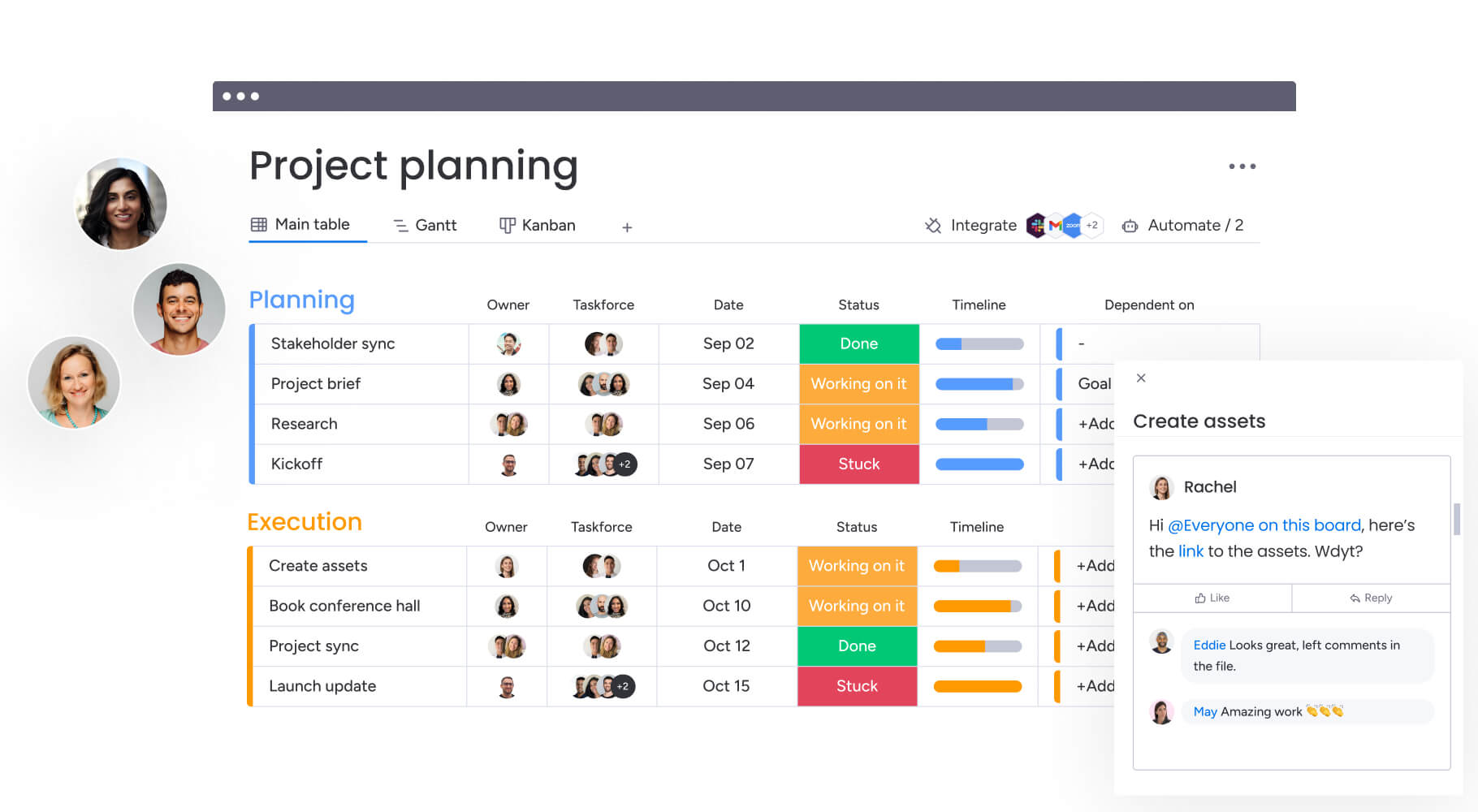 monday.com project management dashboard displaying colorful Kanban boards, timelines, and team collaboration widgets