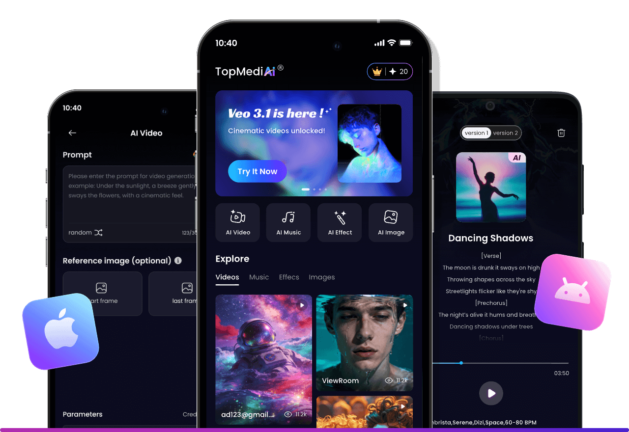 Topmediai all-in-one AI video music and voiceover platform homepage interface preview