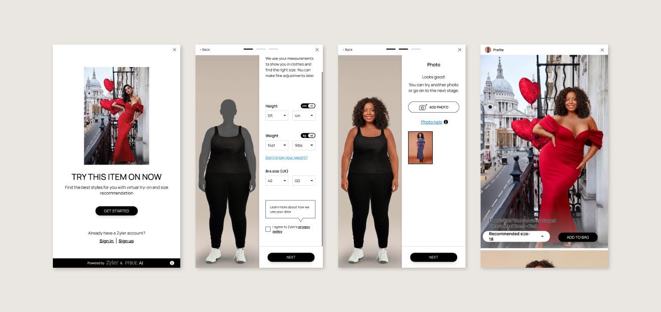 Zyler digital dressing room interface showing virtual try-on for fashion apparel on Shopify store