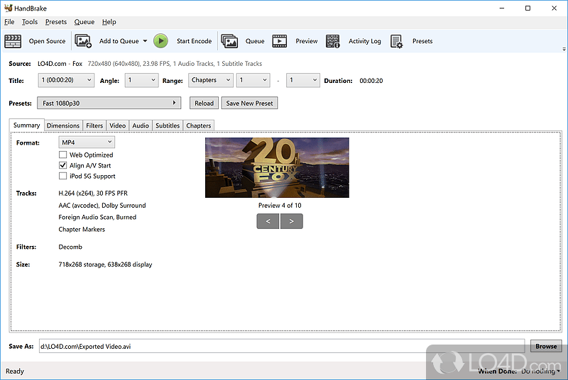 HandBrake open source video transcoder main interface showing encoding presets and options panel