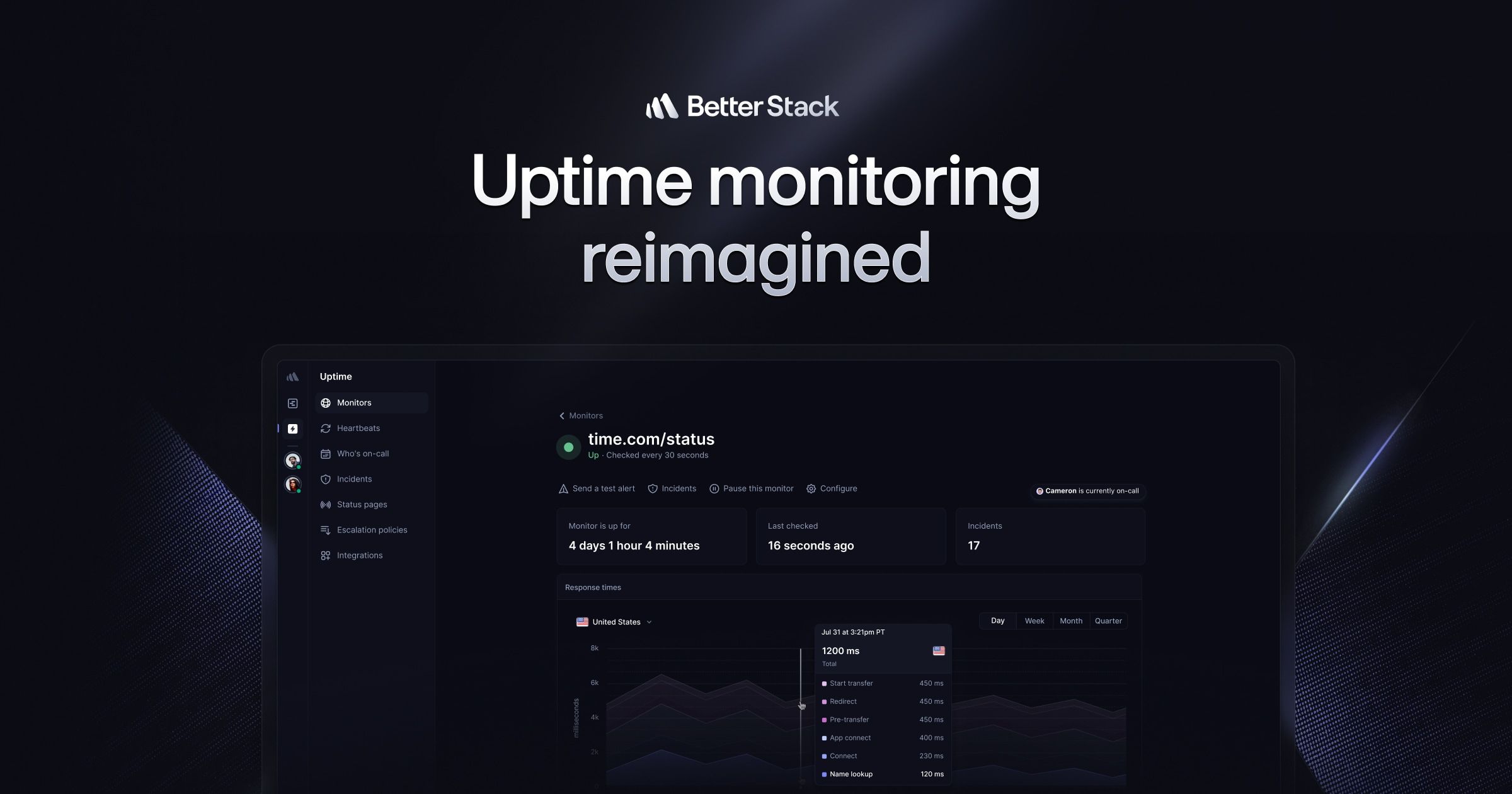 Better Stack Better Uptime monitoring platform dashboard showing incident management workflow