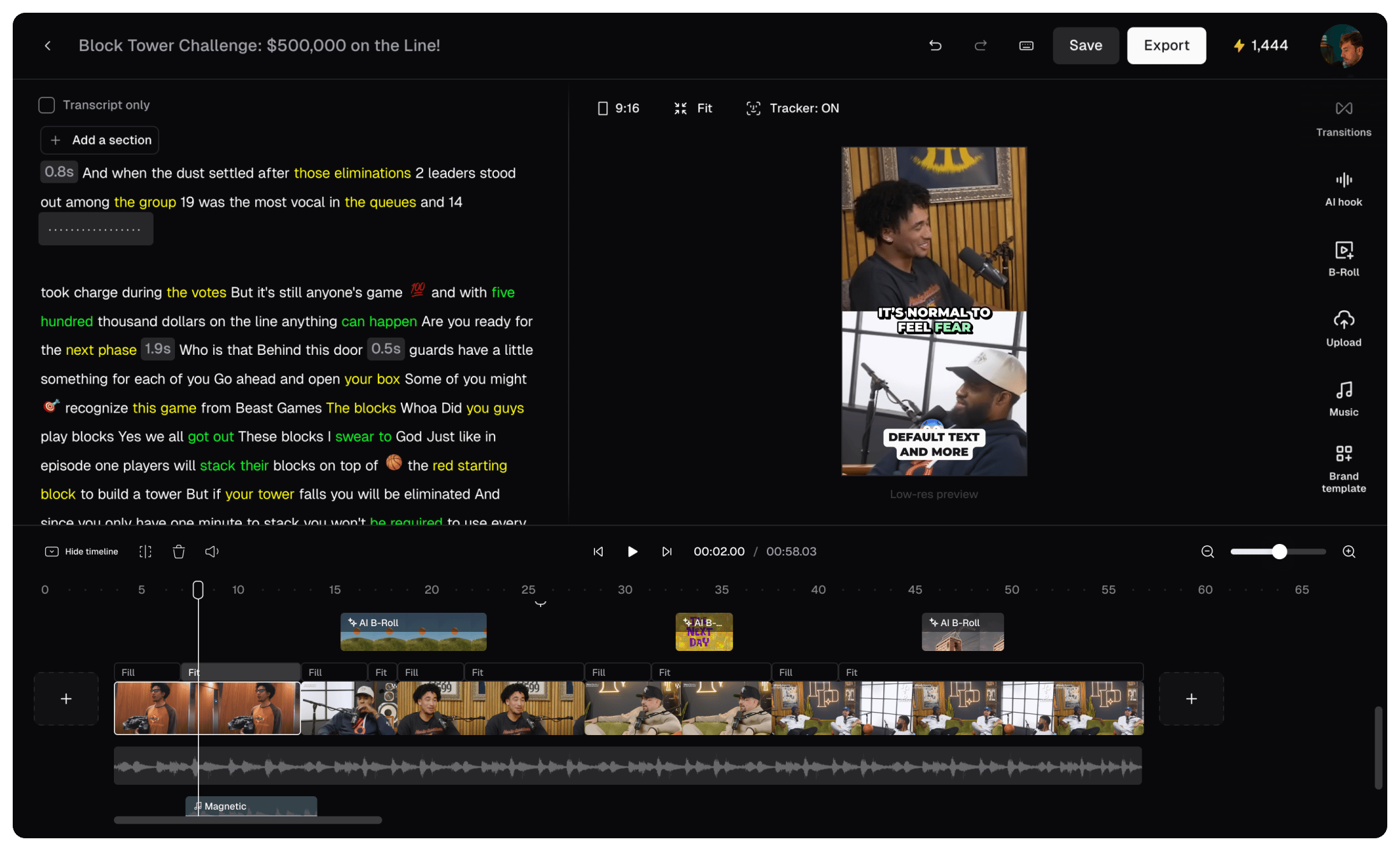 Opus Clip AI video editor interface showing automated clip generation dashboard for social media content