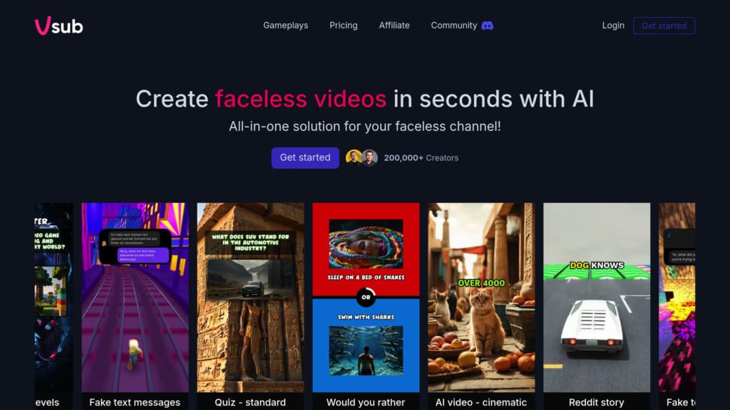 Vsub AI-powered faceless video platform interface showing automated captions and template options