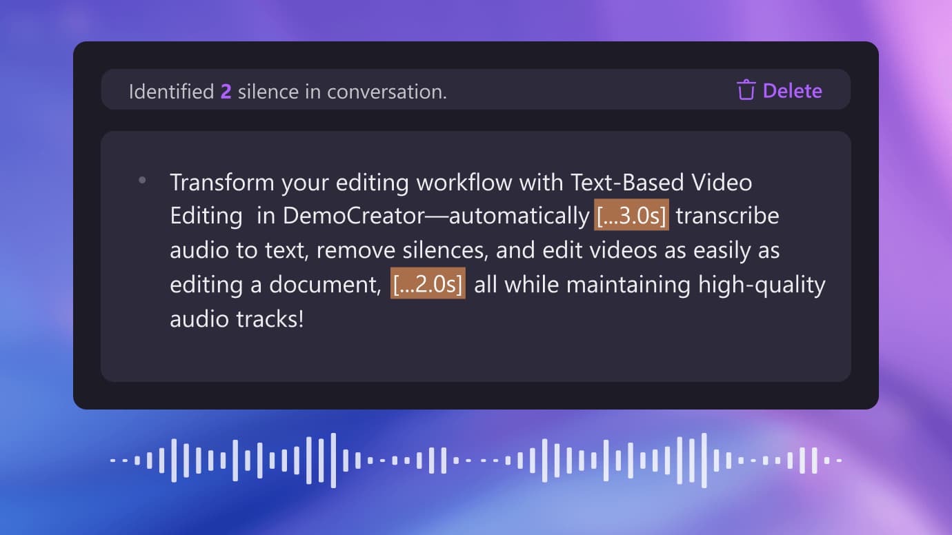 Text-based video editing interface showing transcript-driven clip creation workflow for AI subtitling