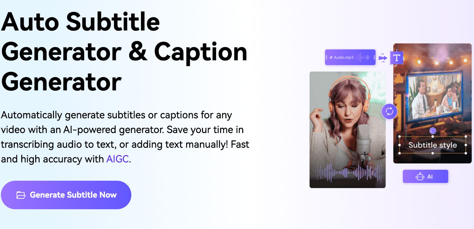 AI subtitle generator dashboard for content repurposing workflow showing automatic caption tools