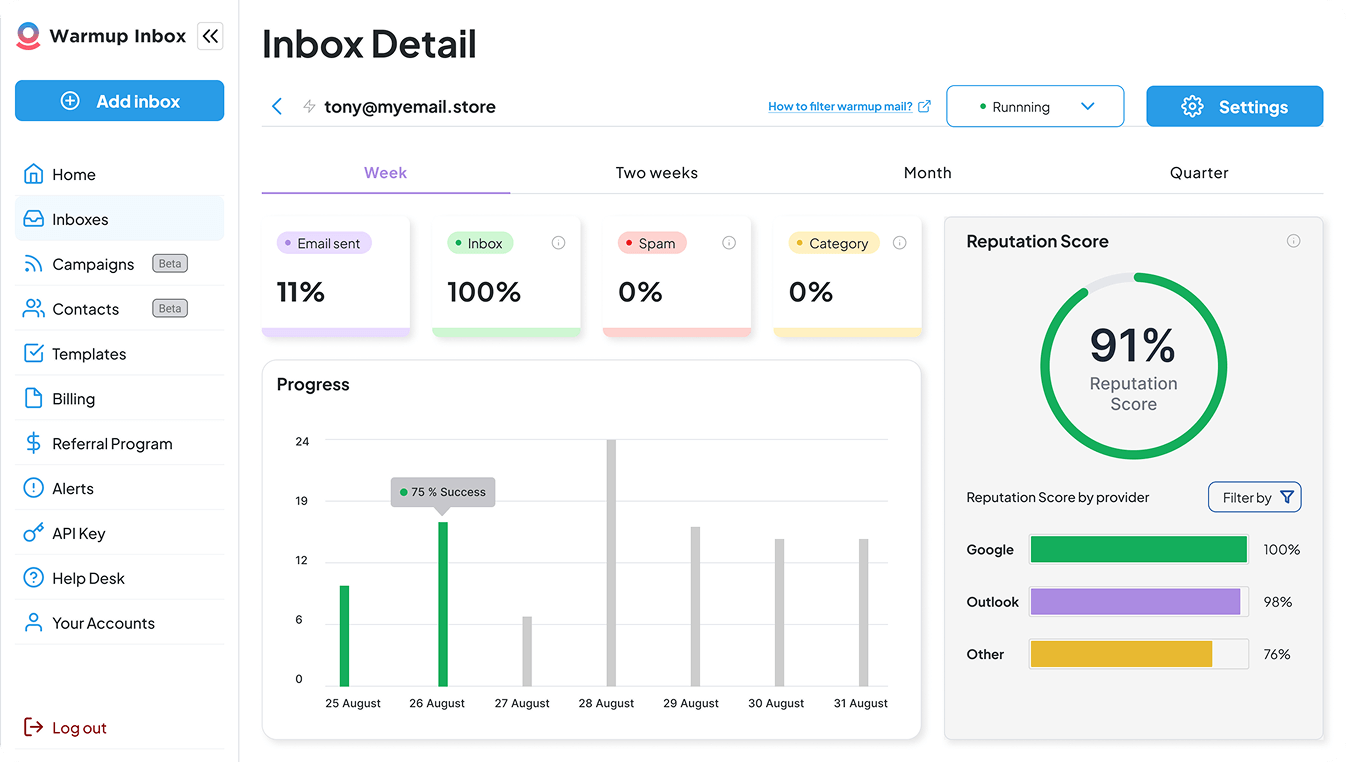Warmupinbox email warm-up tool homepage showing stop landing in spam features and dashboard
