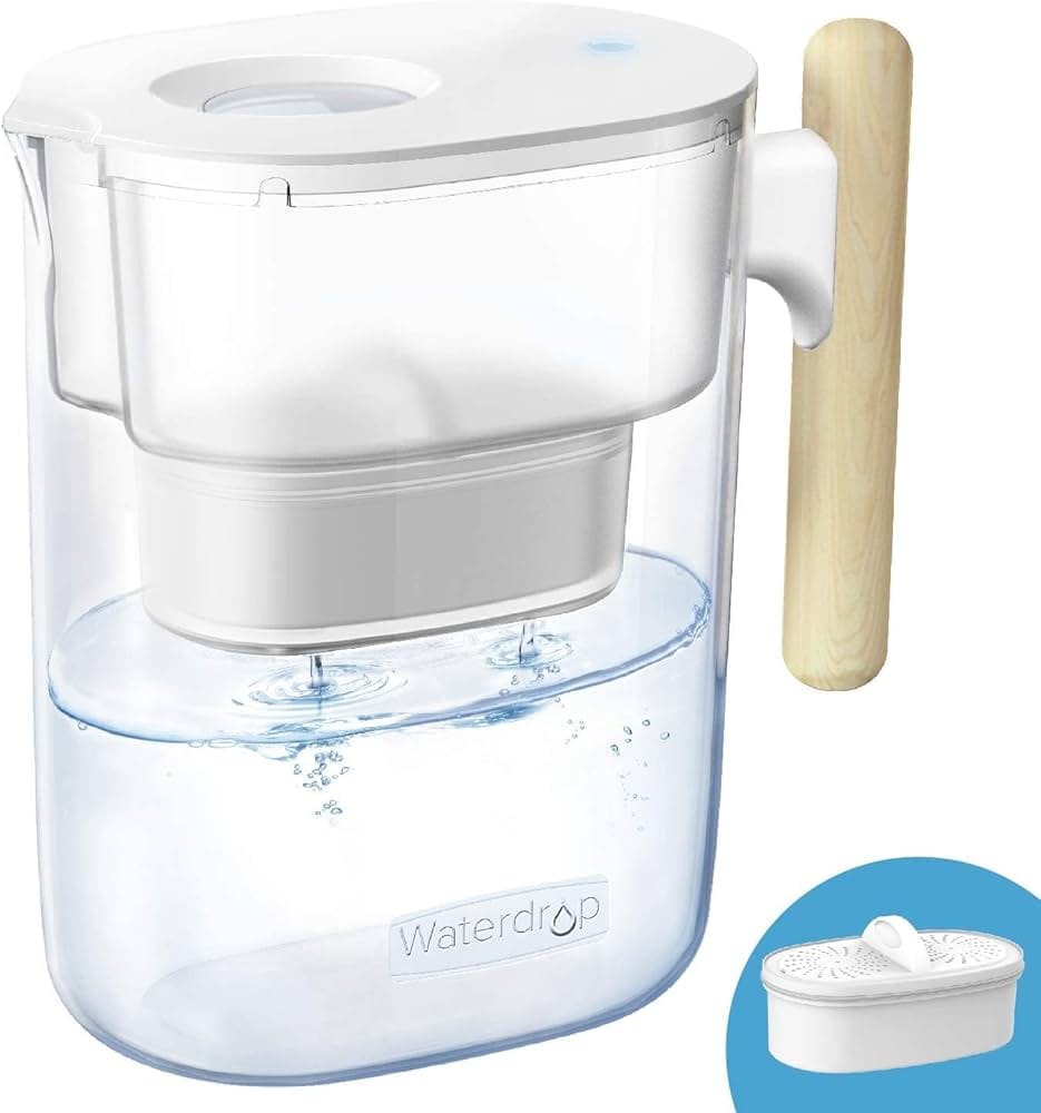 Waterdrop 10-cup water filter pitcher with sturdy wooden handle on clean kitchen counter