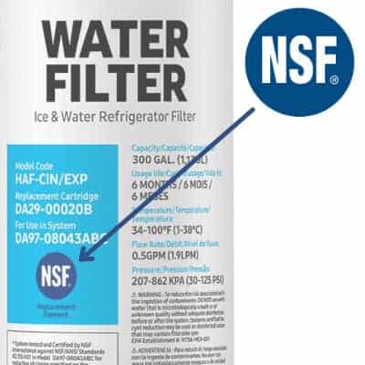 NSF certification logos and labels displayed on water filter packaging for consumer verification
