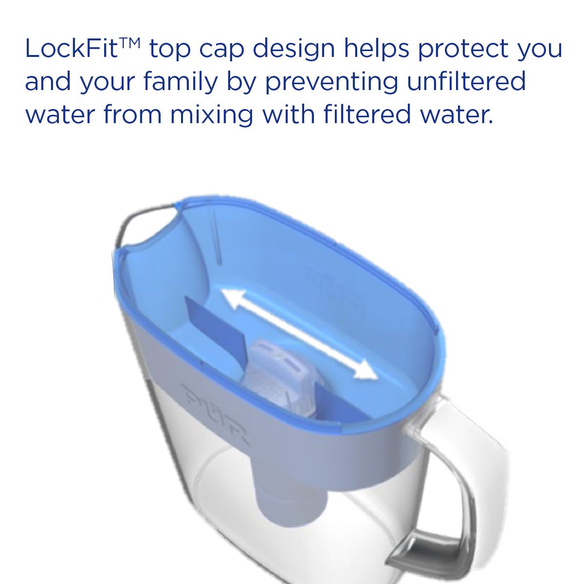 PUR PLUS 7-Cup pitcher with LockFit lid and lead-reducing filter cartridge displayed