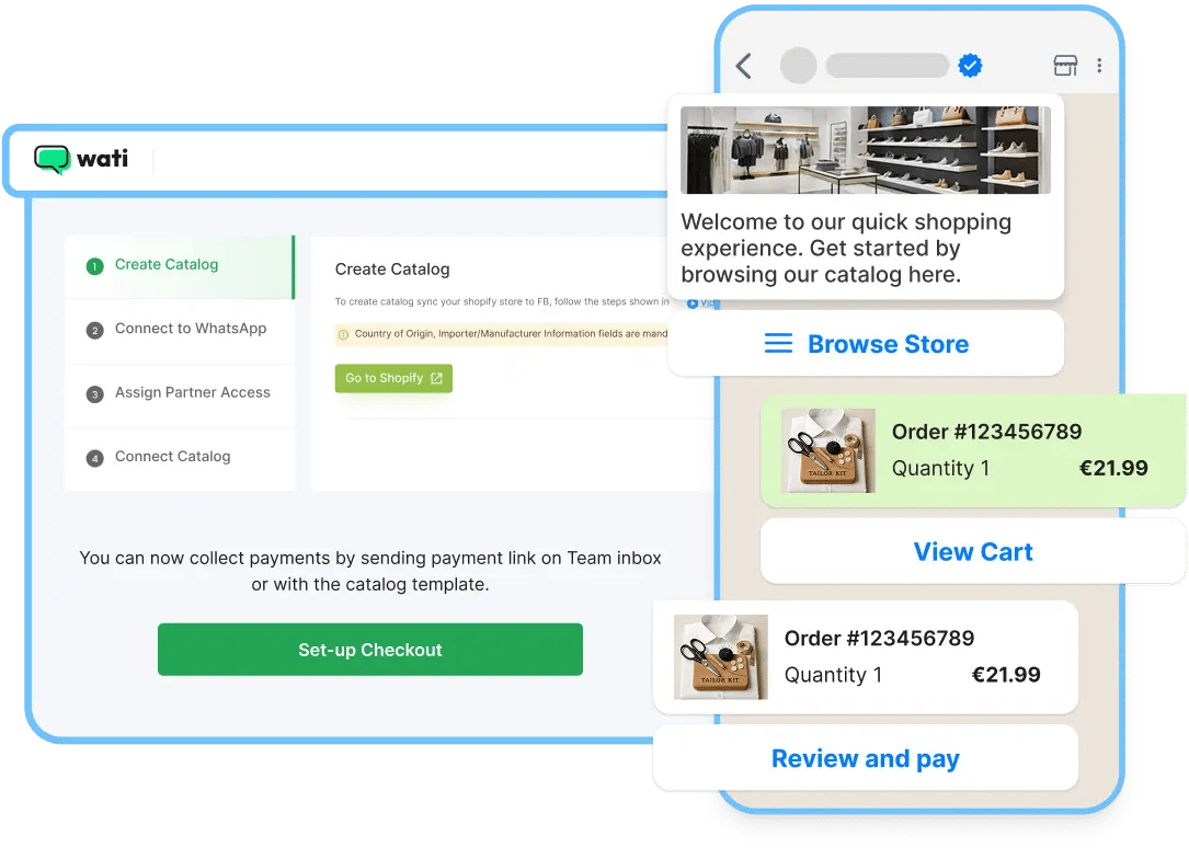 Wati WhatsApp Business API platform interface showing chat conversations and team inbox