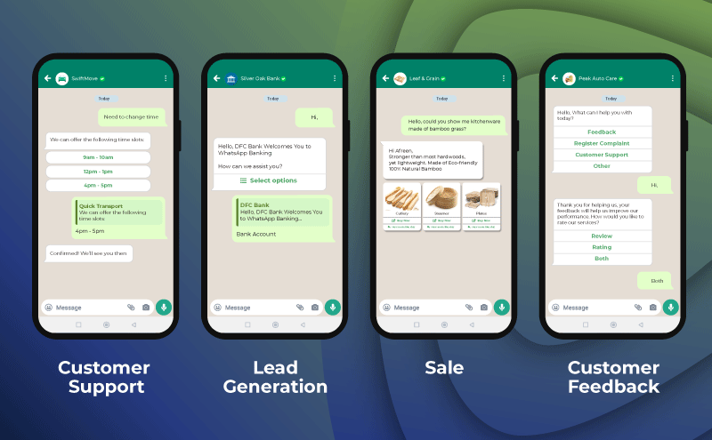 WhatsApp chatbot builder flow showing automated conversation logic and message branching