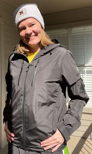 Weargraphene Gamma graphene-infused heated jacket displayed in modern minimalist outdoor setting
