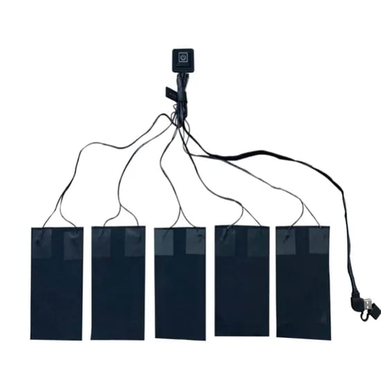 Carbon fiber heating element used in graphene heated jacket construction with electrical contacts visible