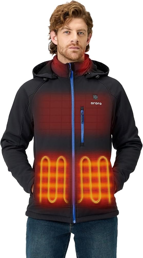 Ororo Men's heated jacket with USB-C rechargeable battery and detachable hood in black color