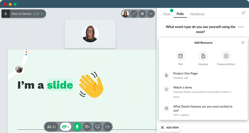 Demio automated webinar room interface showing presenter and attendee chat layout
