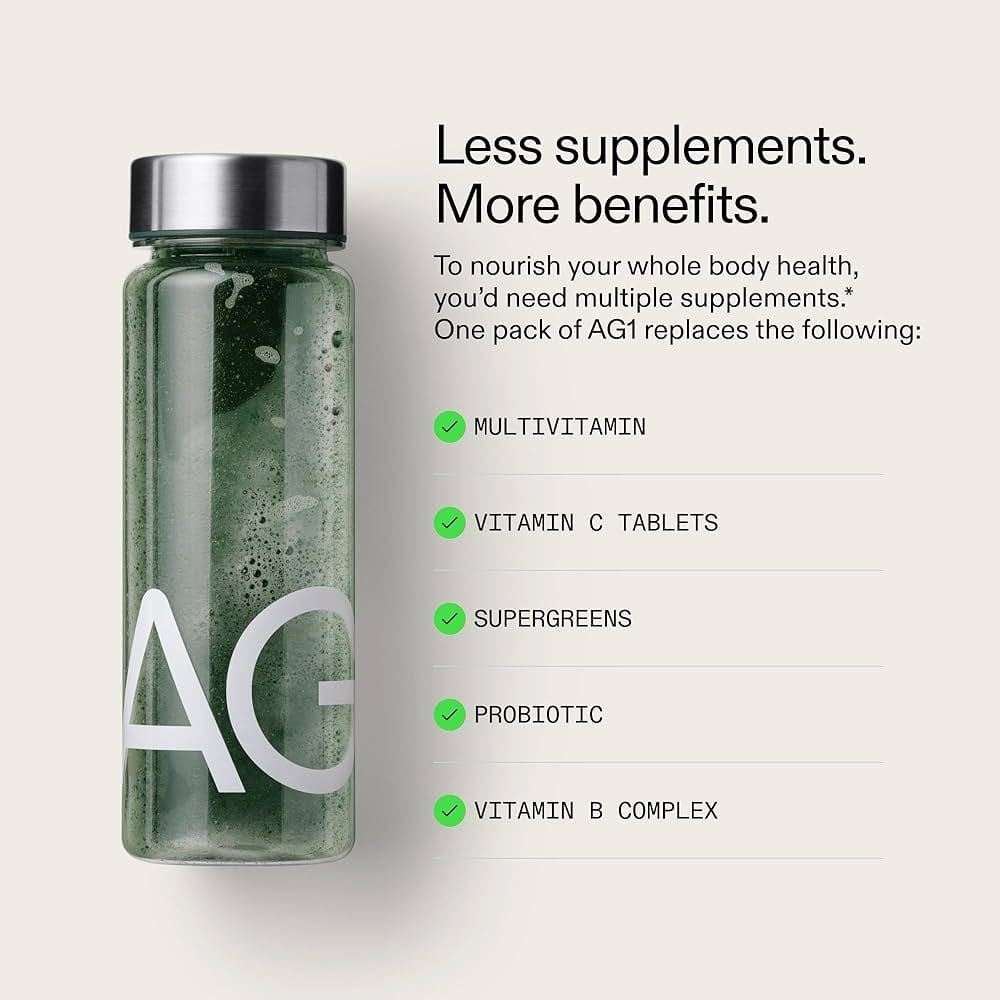 AG1 Athletic Greens powder pouch with 75 vitamins multivitamin and probiotic formula