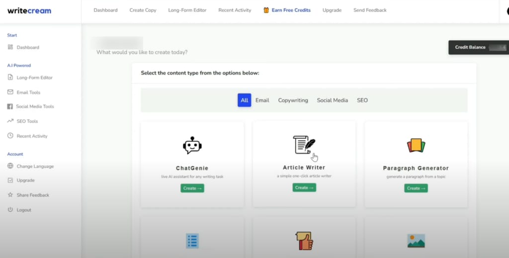 Writecream feature comparison chart showing all-in-one AI content creation suite capabilities