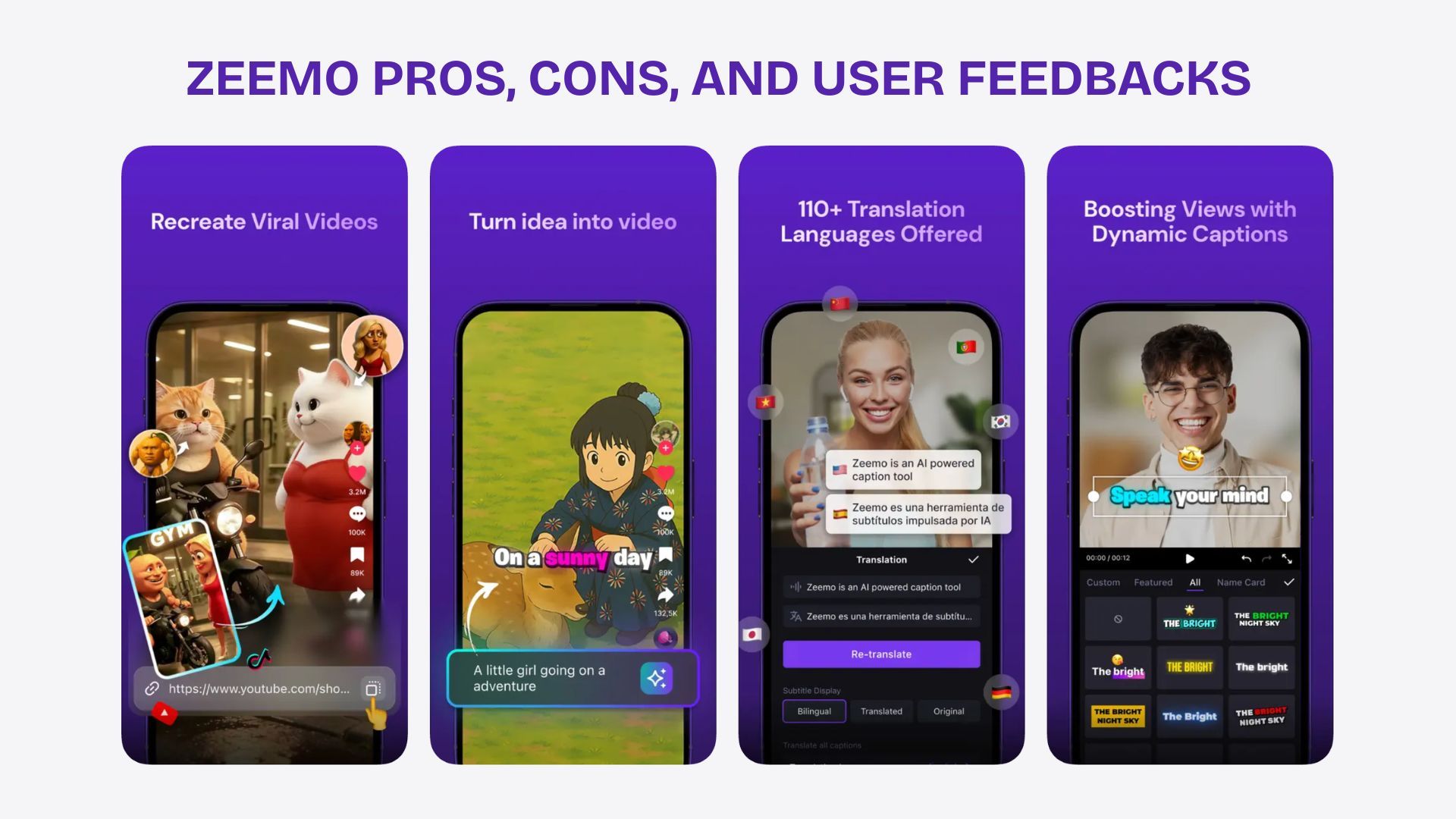 Zeemo AI captions app review showing mobile interface with animated subtitle templates for social media creators