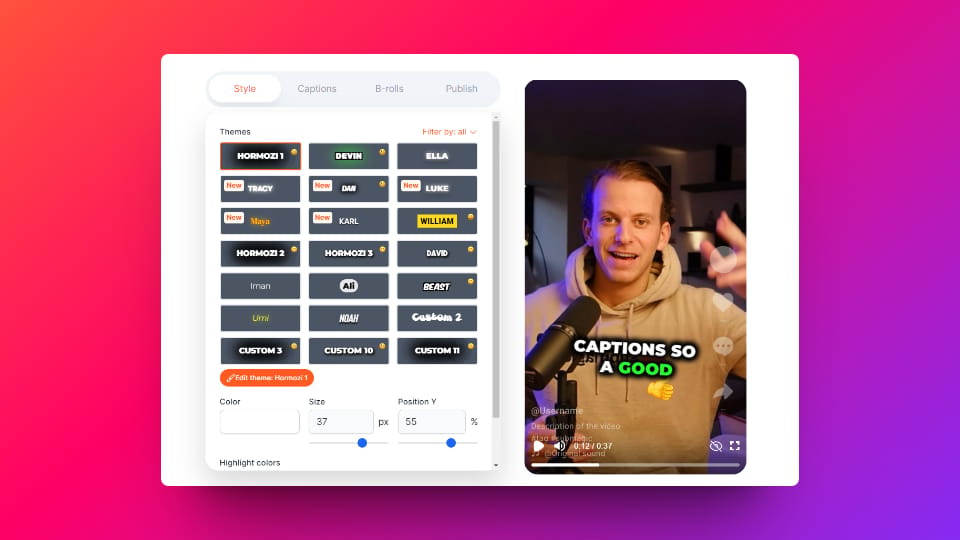 Submagic AI caption generator interface showing animated subtitles emojis and B-roll for short-form video