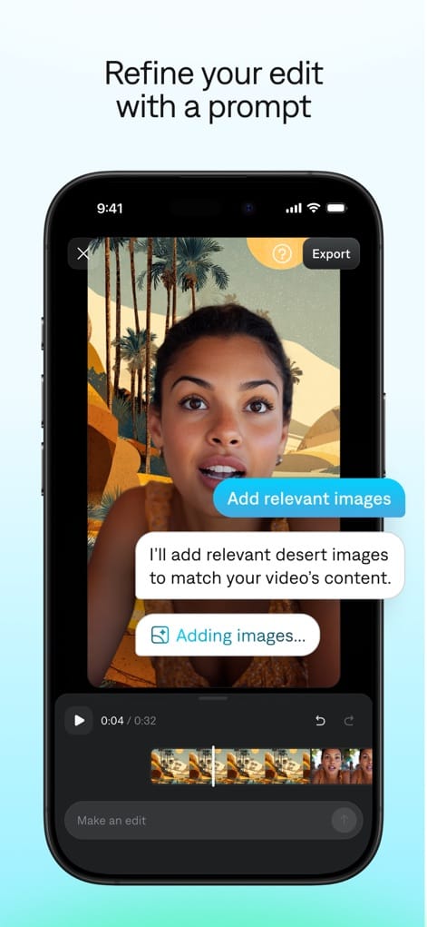Captions.ai mobile app preview screen showing AI-generated video captions on iPhone interface